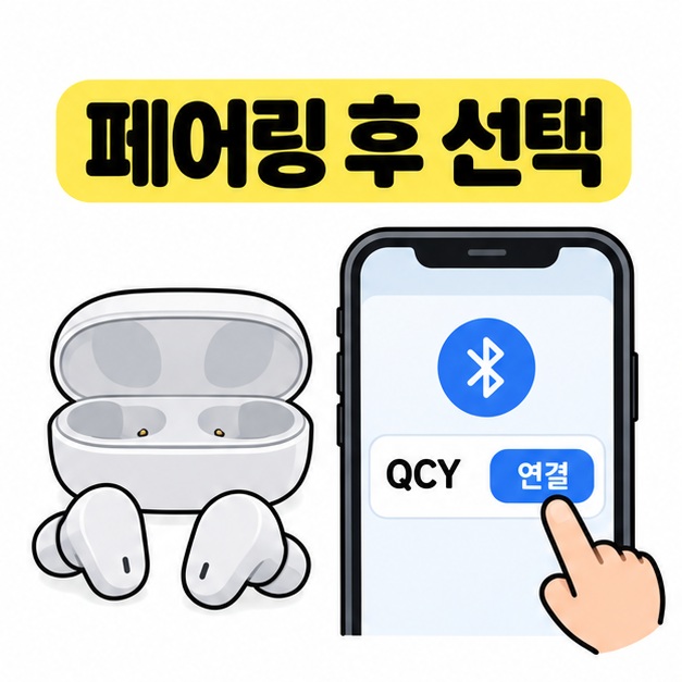 페어링 후 선택 문구와 케이스에서 꺼낸 이어폰, 휴대폰 화면의 QCY 연결 버튼을 누르는 손