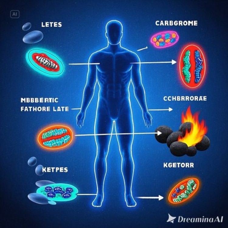 인체 실루엣 내부에 미토콘드리아들이 지방 분자들을 케톤체로 변환하는 과정을 생화학적 도식으로 표현하고, 한쪽에는 효율적인 지방 연소 시스템(밝고 활발한 색상), 다른 쪽에는 비효율적인 탄수화물 연소 시스템(어둡고 정체된 색상)을 대비하여 보여주는 대사과학 인포그래픽
