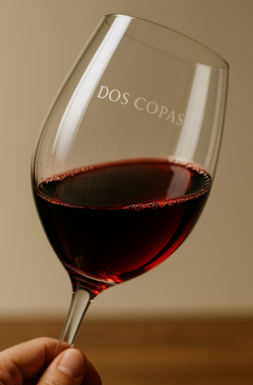 와인잔 속 도스 코파스 와인이 빛에 비쳐 반짝이는 모습, 잔을 살짝 기울여 와인의 탄력성과 색을 관찰하는 장면