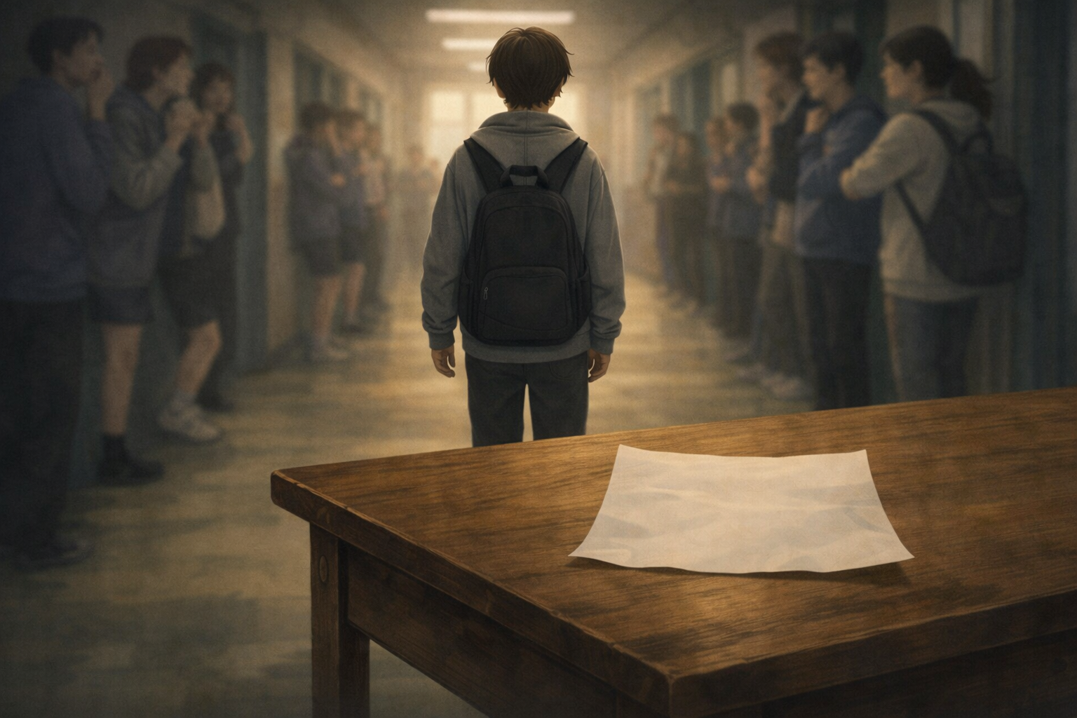 학교 복도를 정면으로 걸어가는 소년 엘라이의 뒷모습. 주변의 조롱과 고립 속에서도 &ldquo;너는 틀리지 않았다&rdquo;는 메모를 마주한, 정의를 지킨 아이의 순간.