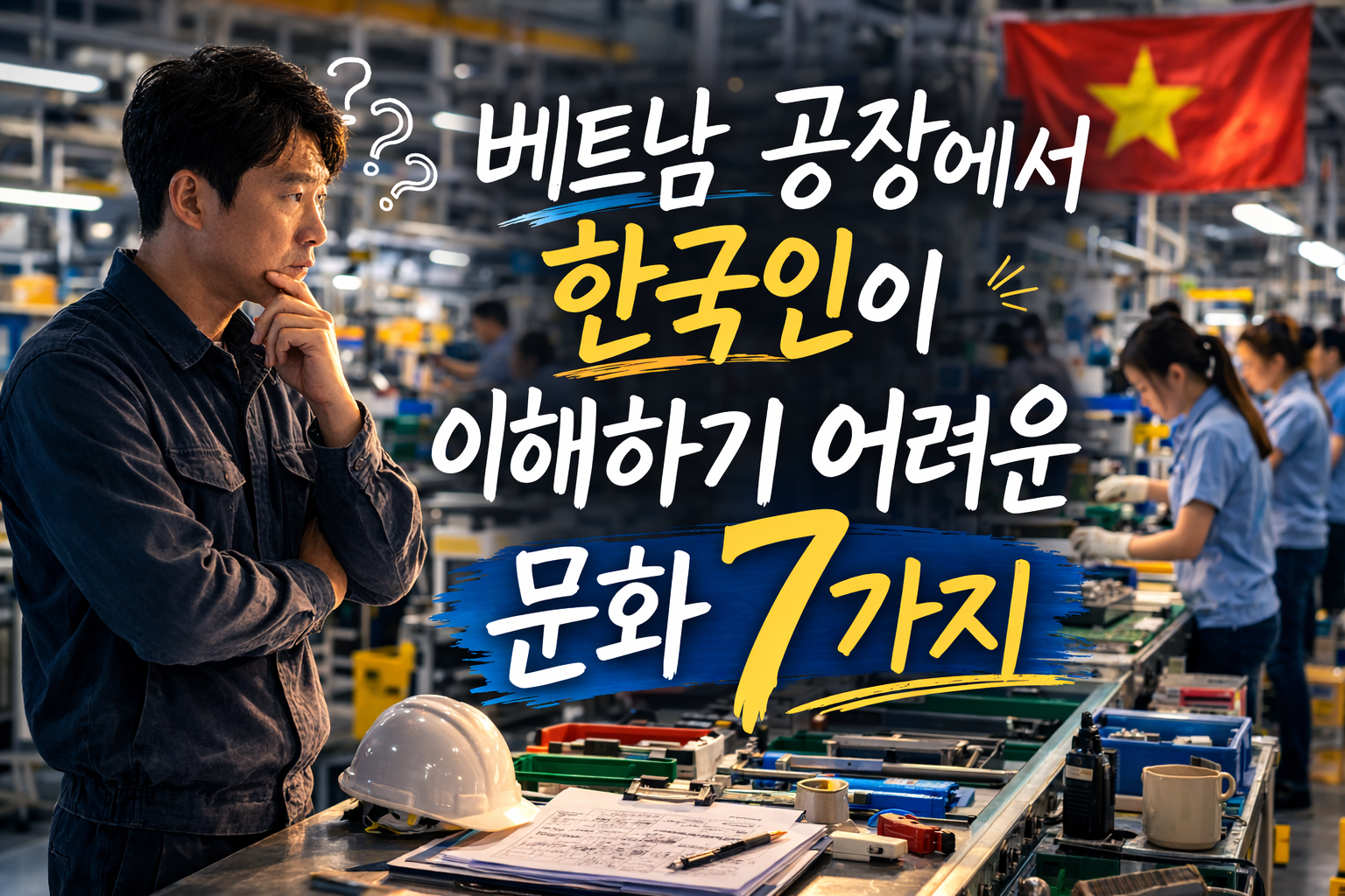 베트남 공장에서 고민하는 한국 관리자와 생산라인에서 일하는 직원들