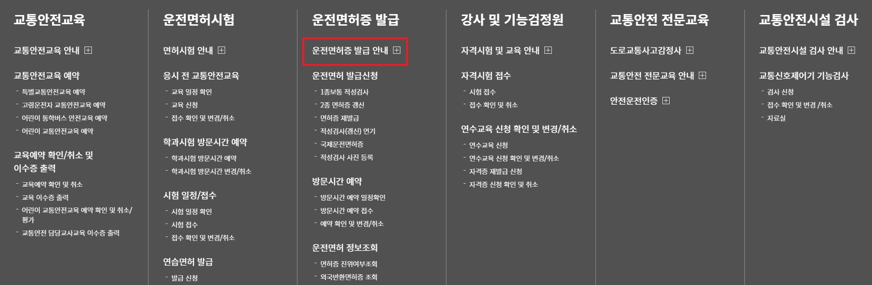 전체 메뉴에서 운전면허증 발급 안내 항목을 찾아 들어가는 모습
