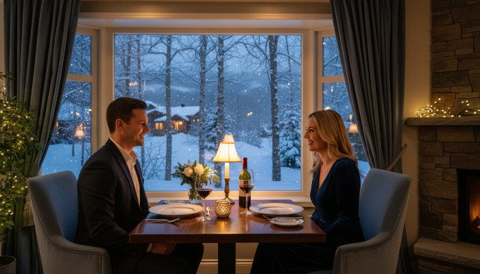 온천 데이트 후 로맨틱한 저녁 식사를 즐기는 연인의 모습