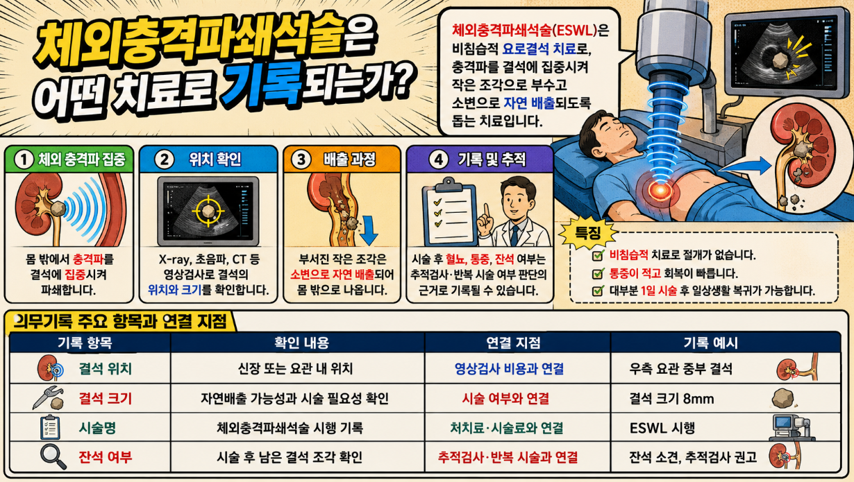 체외충격파쇄석술이 몸 밖 충격파로 요로결석을 부수고 소변으로 배출되도록 돕는 치료라는 점과 기록 항목을 설명한 옛날 만화 형식 의료 인포그래픽