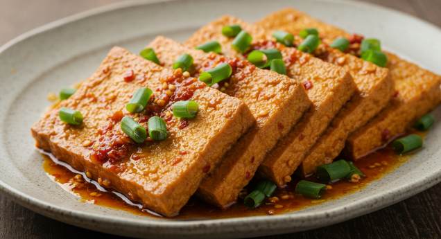 접시에 두부조림이 양념과 어우러져 가지런히 놓여 있는 모습