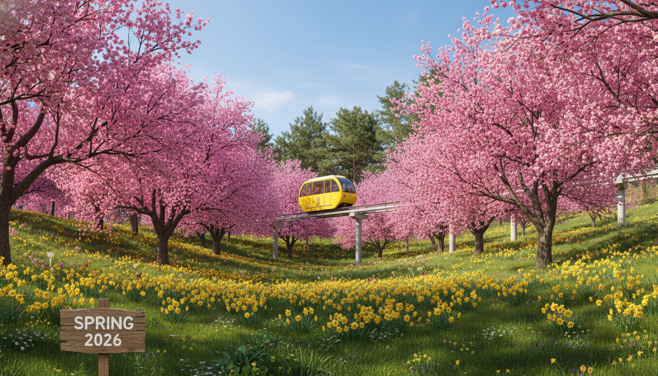 2026년 봄꽃이 만발한 화담숲을 가로지르는 모노레일과 수선화 풍경