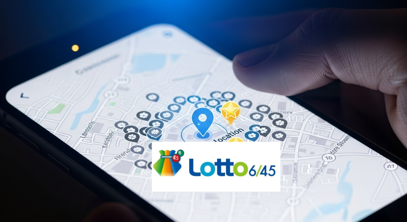 스마트폰 화면에 현재 위치 주변의 로또 판매점들이 지도에 표시된 모습. 일부 명당 판매점은 별표로 강조되어 있다.