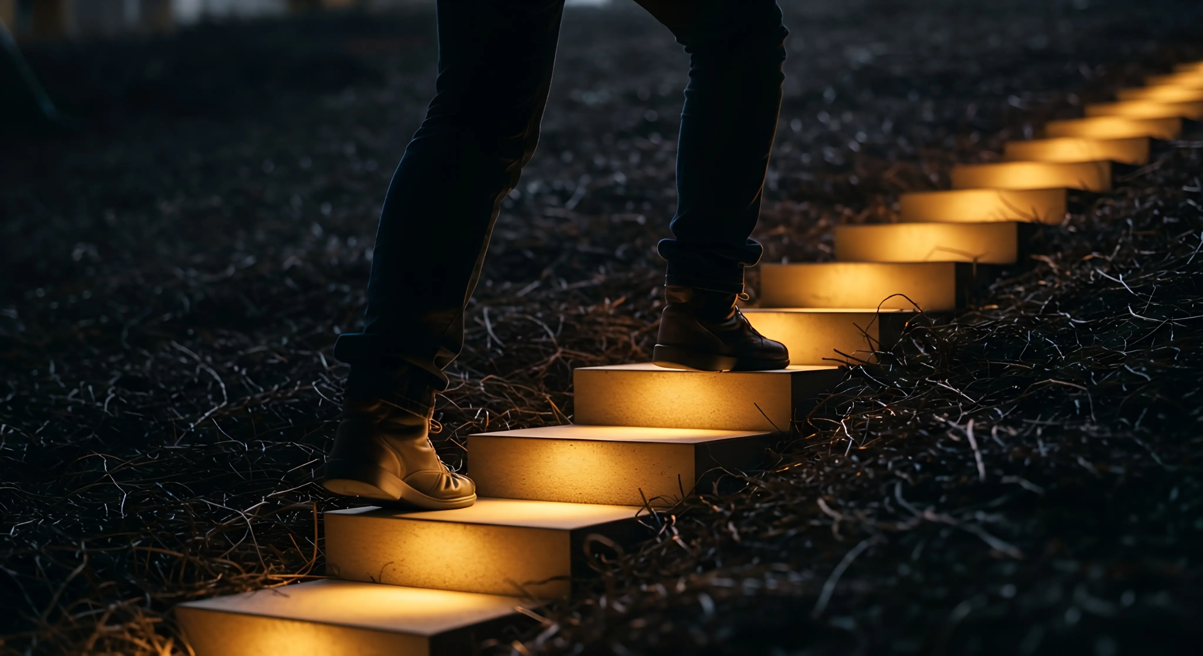 어두운 배경 속에서 따뜻한 빛으로 밝게 빛나는 7개의 계단을 오르는 사람의 발. 혼돈에서 질서로, 어둠에서 빛으로 나아가는 멘탈 근육 강화와 심리적 성장의 여정을 상징함.