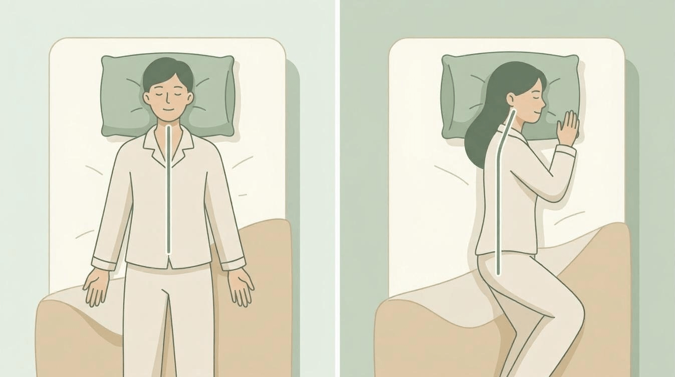 바로 누운 자세와 옆으로 누운 자세의 경추 정렬 비교 일러스트