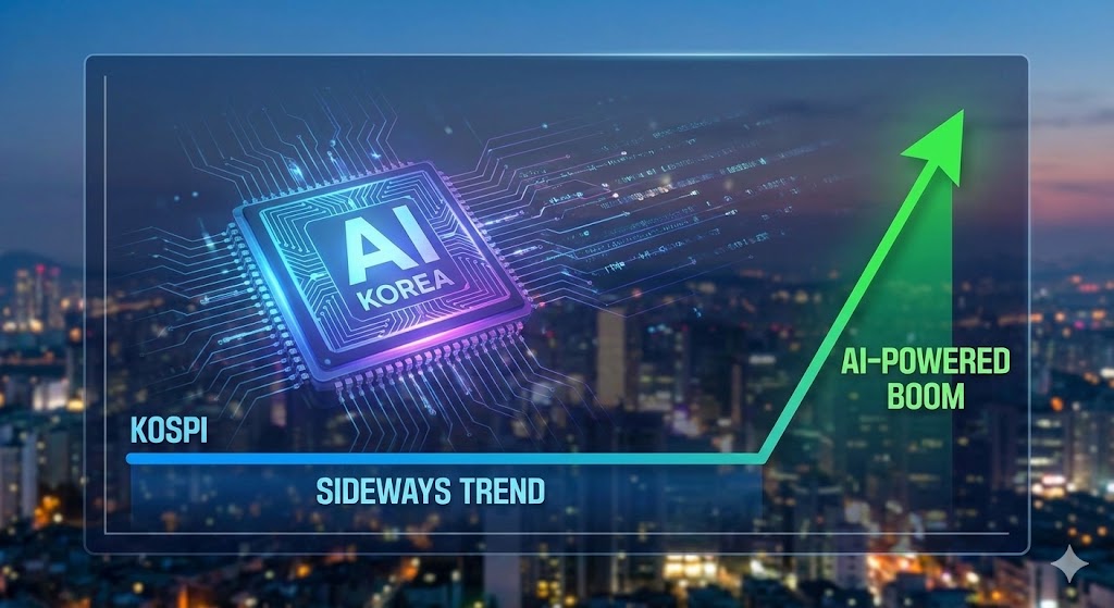 긴 횡보(박스권)를 뚫고 위로 솟구치는 한국 증시 그래프와 그 배경에 있는 AI 반도체 칩 이미지