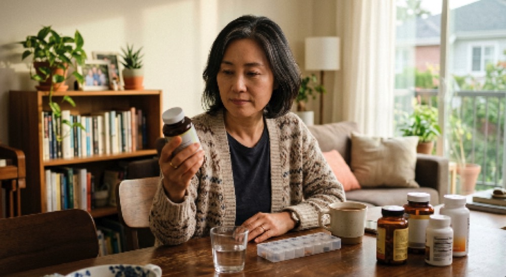 건강 보조제를 확인하며 차분히 생각하는 중년