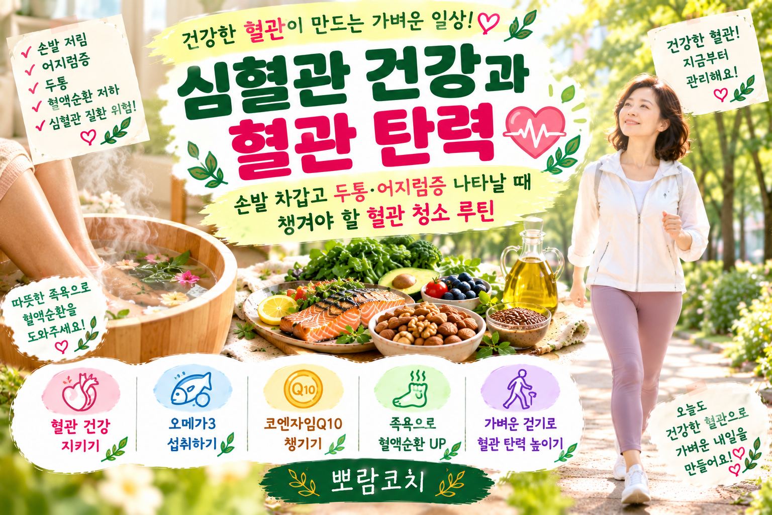 공원 산책로에서 따스한 햇살을 받으며 산뜻한 걸음으로 걸어가는 모습