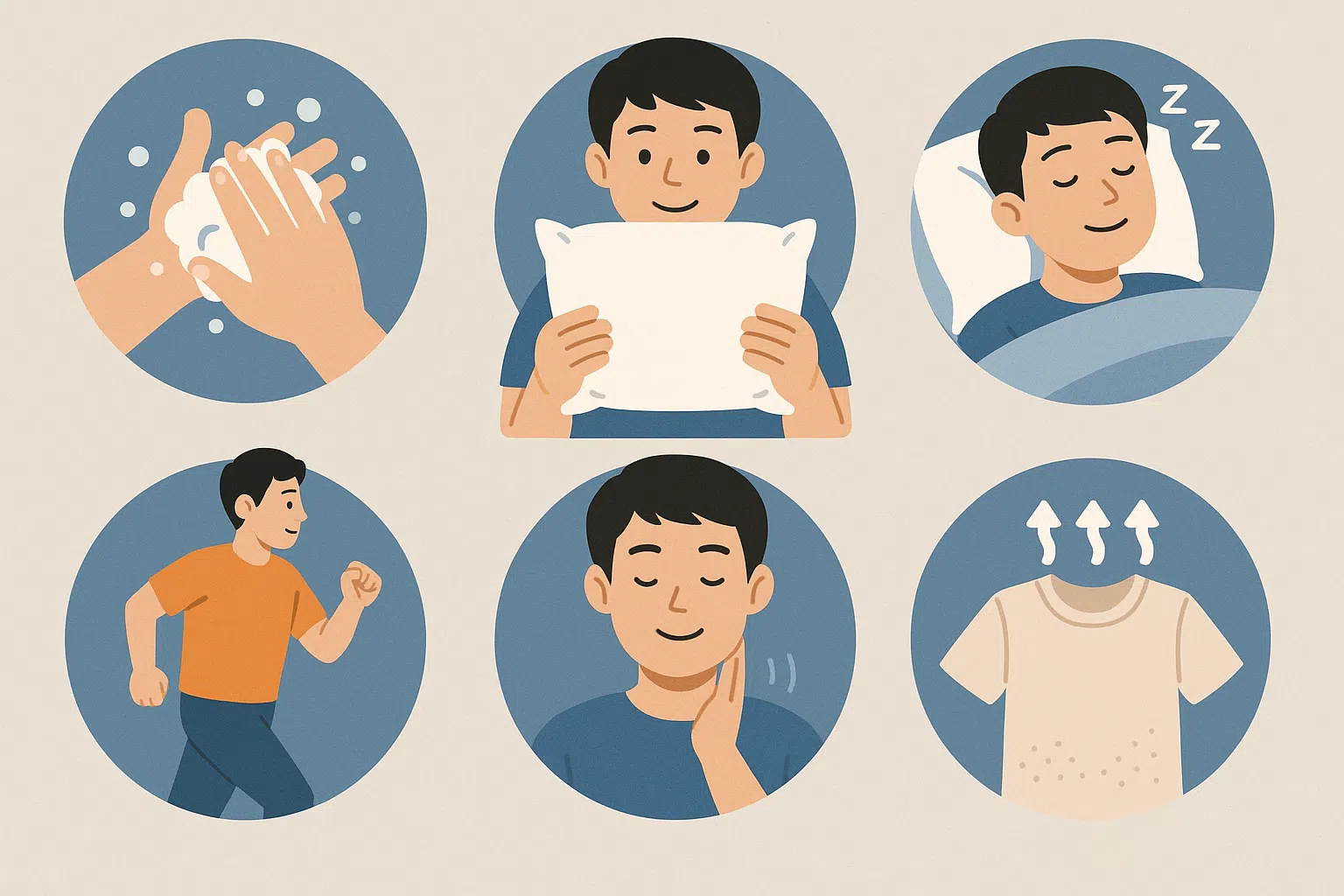 손 씻기, 깨끗한 베개 커버, 규칙적인 수면, 운동, 스트레스 관리, 통기성 좋은 옷 등 생활 속 피부 예방 습관