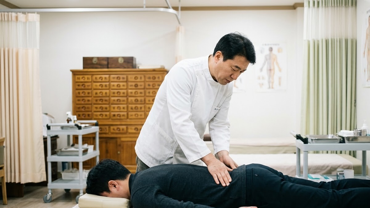한의사가 엎드린 환자의 허리를 손으로 촉진하는 모습