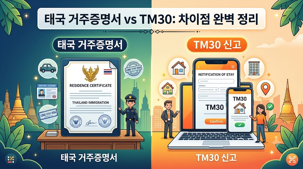 '태국 거주증명서 vs TM30: 차이점 완벽 정리'라는 제목으로 두 제도를 양분하여 비교한 일러스트 썸네일. 왼쪽은 공식 서류와 경찰 일러스트, 차량 및 운전면허증 아이콘으로 '태국 거주증명서'를 표현하고 있으며, 오른쪽은 노트북과 스마트폰을 이용한 온라인 숙박 신고 화면, 집 모양 아이콘으로 'TM30 신고' 절차를 직관적으로 묘사하고 있습니다.