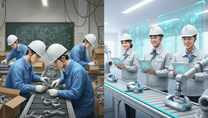수동 공정과 스마트공정의 효율성을 비교하는 이미지. 한국인 근로자들이 전통적인 방식으로 비효율적으로 작업하는 모습과 스마트공장 시스템으로 효율적으로 협업하는 모습을 보여줍니다.