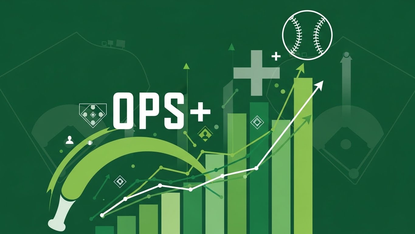 타격 생산성을 보정하여 보여주는 지표 OPS+를 그래프와 함께 디자인한 이미지.