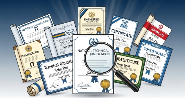 다양한 국가기술자격증이 놓여있고, 그 위로 돋보기가 자격증의 가치를 강조하는 모습. 청년들의 성공적인 커리어를 상징한다.