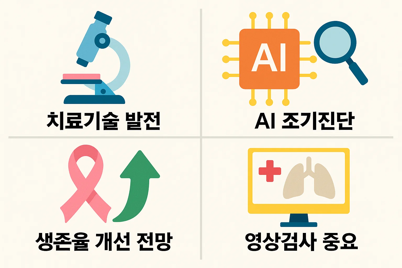 치료기술 발전, AI 조기진단 도입, 생존율 개선 전망, 정기 영상검사 중요성 등 췌장암 3기 예후 개선과 관련된 긍정적 요소를 정리한 최신 전망형 그래픽입니다.
