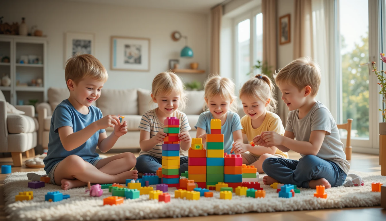 아이들이 거실에서 함께 블럭놀이 하는 모습