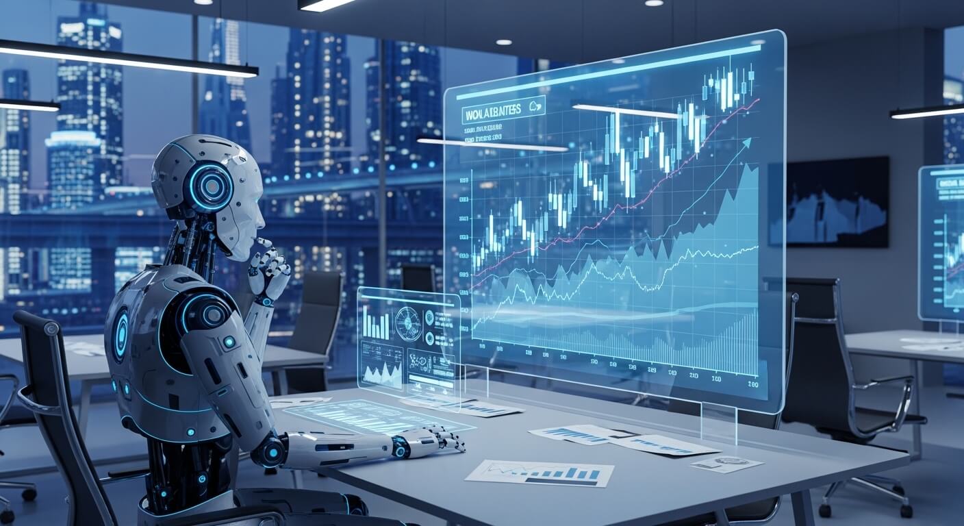 로봇이 주식그래프를 보고 생각하고 있는 듯한 모습