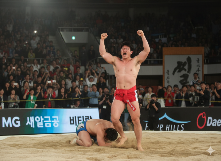 경기 후 승리 세레머니를 하는 씨름 선수와 환호하는 관객들
