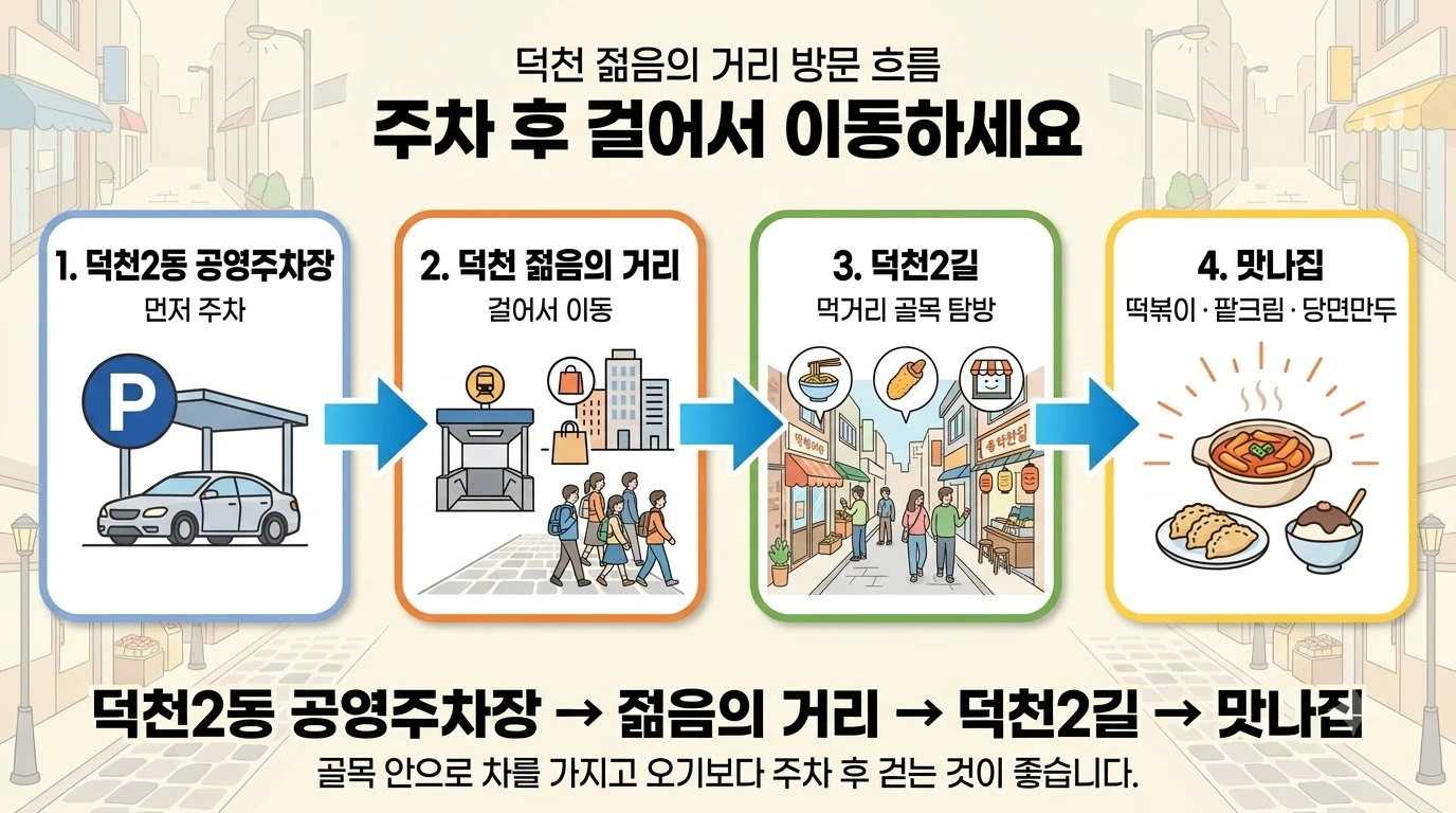 덕천2동 공영주차장에서 덕천 젊음의거리와 맛나집까지 이동하는 동선을 정리한 이미지