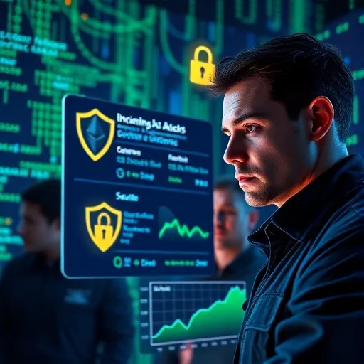 빛나는 코드가 빠르게 흘러내리는 듯한 사이버틱한 배경 앞에서, 집중한 표정으로 대형 스크린을 주시하는 보안 전문가 여러 명의 모습(혹은 한 명의 클로즈업)을 보여줍니다. 스크린에는 실시간으로 들어오는 공격 시도나 방어 성공 메시지, 그리고 이더리움 네트워크의 안전한 상태를 나타내는 초록색 그래프 등이 표시됩니다. 방패나 자물쇠 아이콘이 주변에 떠 있습니다.