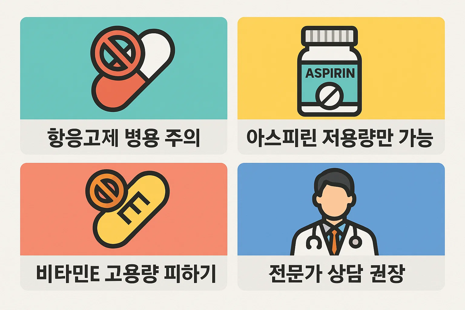 항응고제 복용자 주의, 아스피린 저용량 병용 가능 여부, 비타민E 고용량 피해야 하는 이유 등을 전문가 상담 권장과 함께 정리한 인포그래픽입니다.