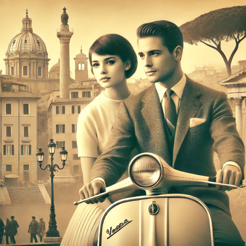 오드리 헵번과 그레고리 펙이 로마의 거리에서 베스파를 타는 모습
