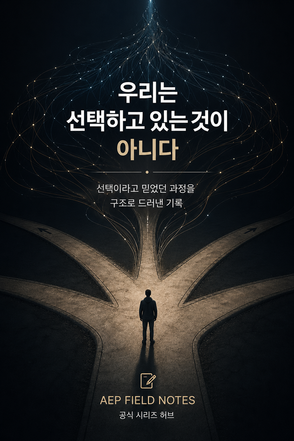 A lone figure stands at a forked road, appearing to choose a direction. From above, multiple paths converge into a single hidden network of flowing lines, symbolizing that what looks like individual choice is actually movement within an underlying structure.