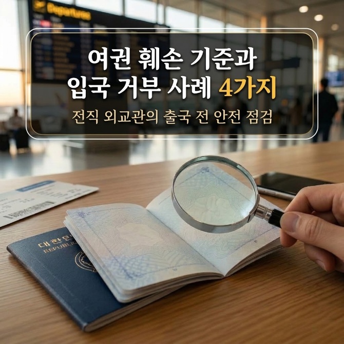 공항 배경에서 대한민국 여권 사증란을 돋보기로 점검하는 모습과 '여권 훼손 기준과 입국 거부 사례 4가지' 문구가 적힌 대표 이미지