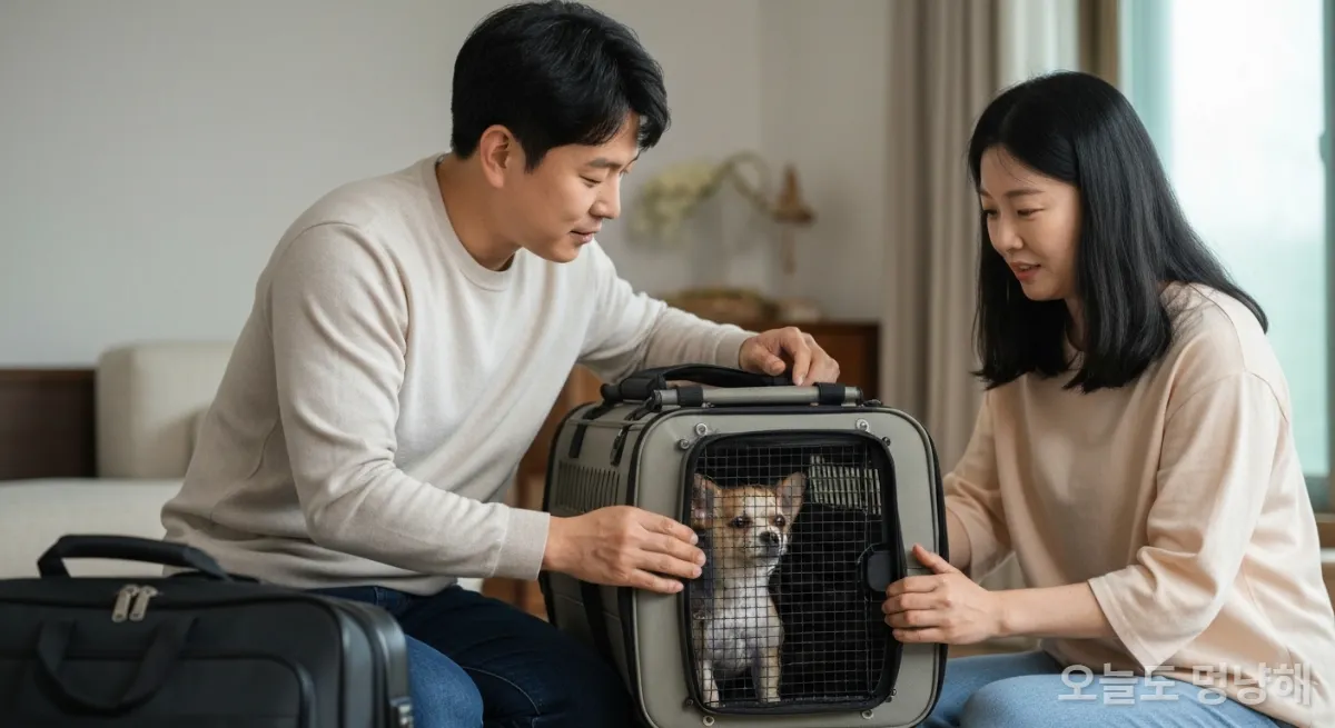 반려동물 전용 캐리어에 강아지를 넣는 반려인