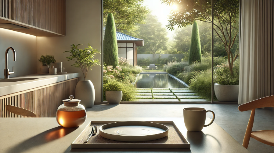 평화로운 아침, 허브 티와 창밖 정원이 보이는 조용한 아침 식사 장면