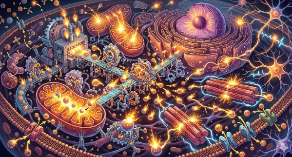 세포를 거대한 에너지 공장으로 묘사하여, ATP 분자가 끊임없이 찍혀 나오고 있는 모습을 역동적으로 표현했습니다. 손상된 세포를 복구하고, 노폐물을 배출하는 등 우리 몸이 질서를 유지하기 위해 얼마나 치열하게 에너지를 소비하고 있는지 시각적으로 이해시켜 줄 것입니다.