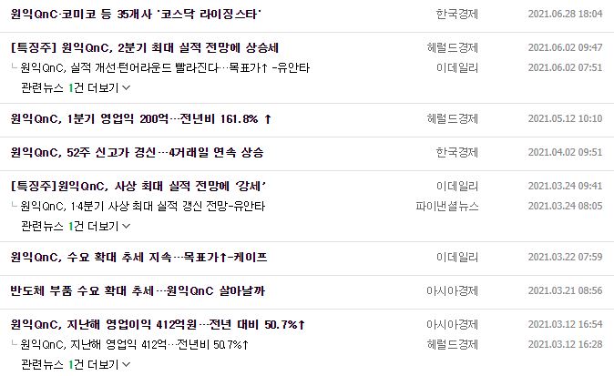 원익QnC 뉴스, 공시