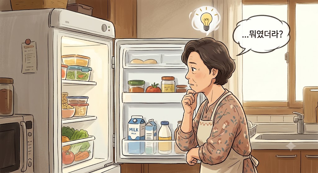 냉장고에서 꺼내려던 음식을 잊어버려 고민하는 노인의 모습