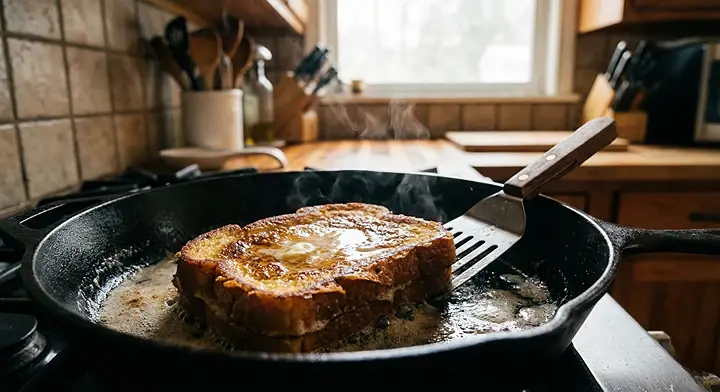 팬에서 중약불로 프렌치토스트를 노릇하게 굽는 과정 사진