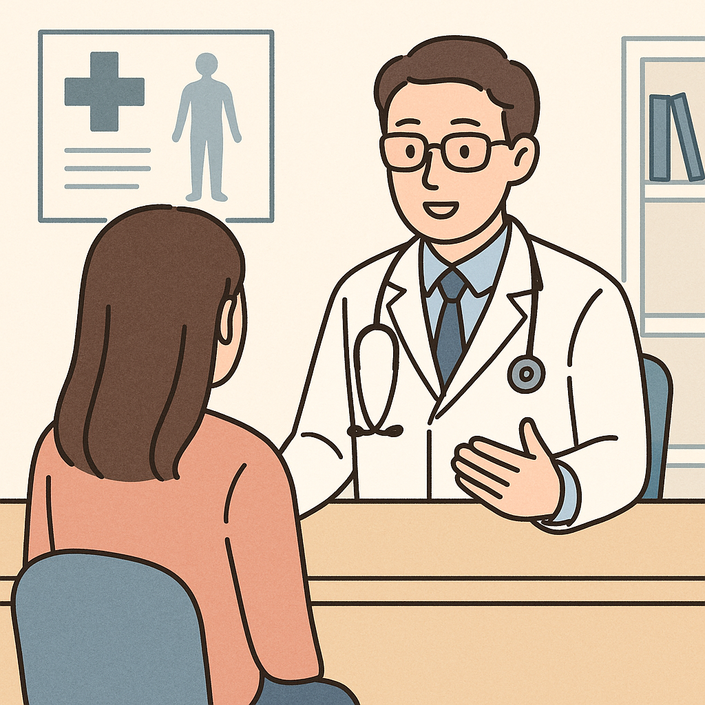 의사와 상담중인 여자환자 그림