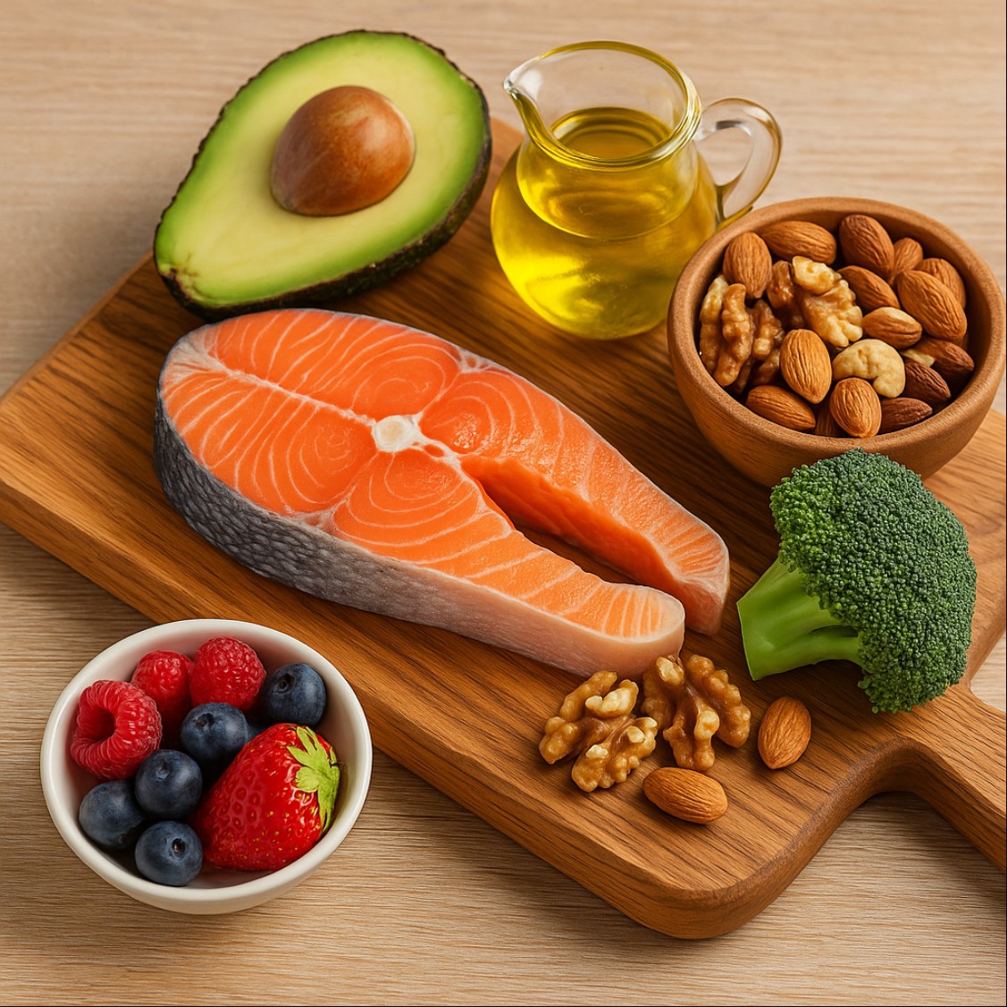 등푸른 생선, 아보카도, 견과류, 올리브오일 등 혈관 건강에 좋은 콜레스테롤 낮추는 음식 이미지