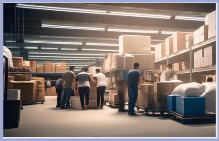 물류창고에서 여러 명의 근로자들이 박스를 정리하고 있는 장면, 플랫폼 및 단기근로 이미지