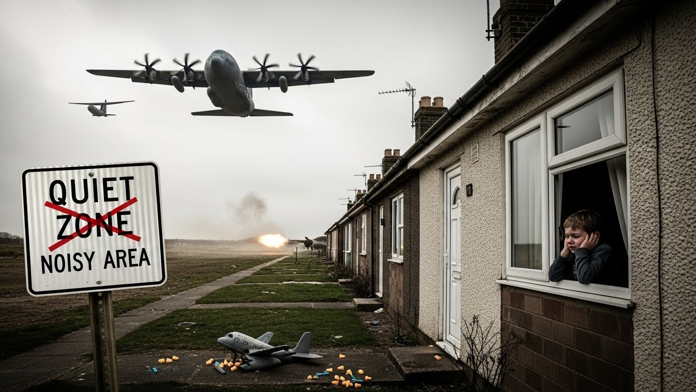 군용비행장이나 군사격장에서 발생하는 소음으로 인해 불편함을 겪고 있는 주민의 모습