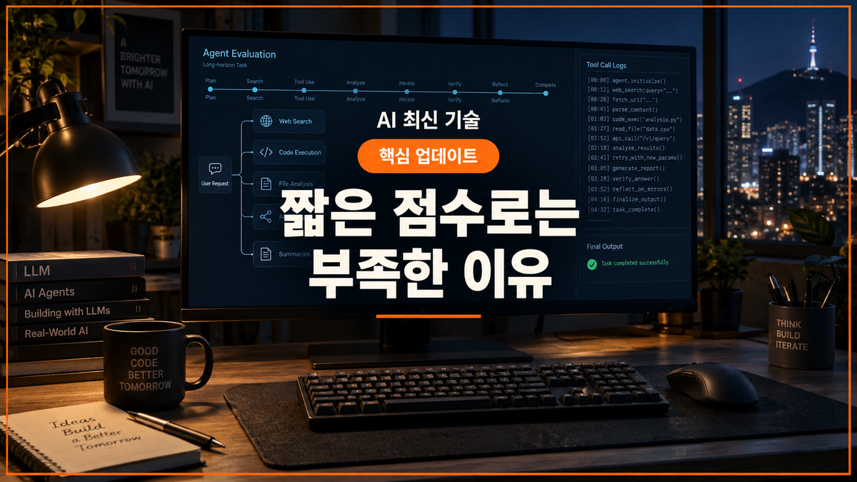 대표 이미지: 어두운 개발 작업 공간에서 장기 AI 에이전트 평가 타임라인을 검토하는 장면
