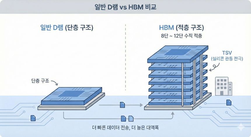 단층 구조인 일반 D램과 8단에서 12단으로 수직 적층된 HBM의 아파트형 구조 비교 이미지