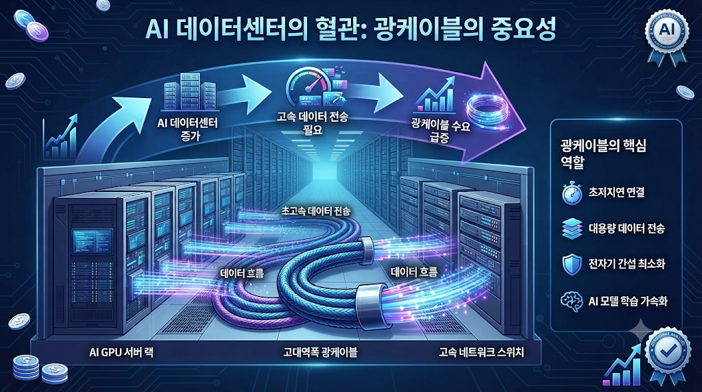 AI 데이터센터 확대에 따른 광섬유와 광케이블 수요 증가 구조를 설명하는 인포그래픽