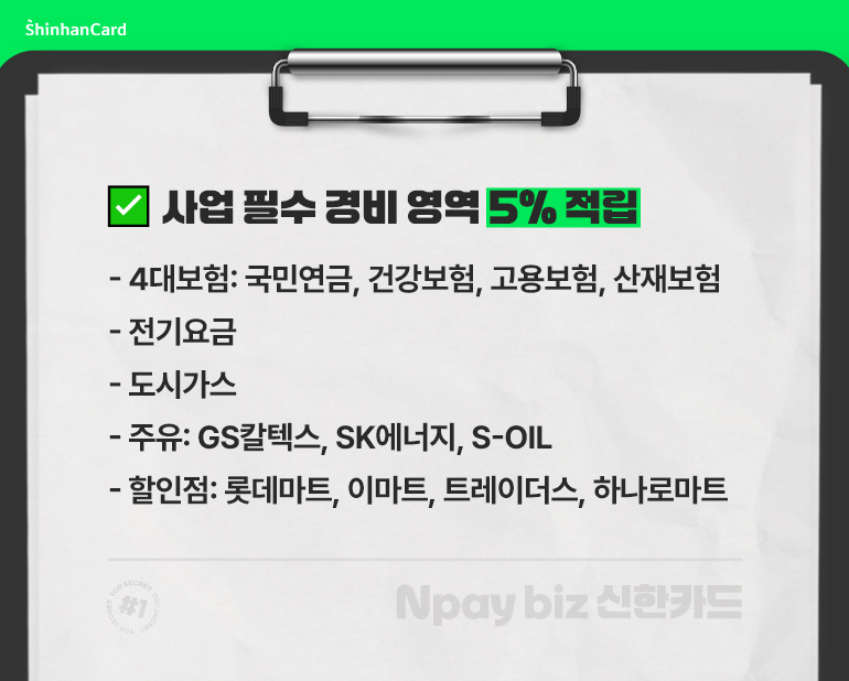 4대 보험, 전기·가스, 주유, 할인점 등 필수 경비 5% 적립을 정리한 혜택 안내 이미지
