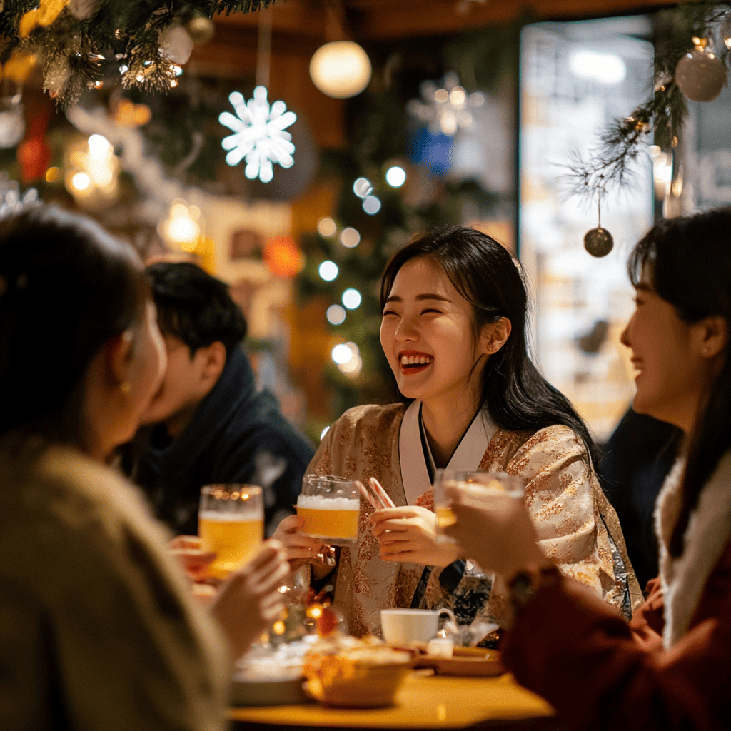 전통 장식과 함께 다채로운 조명을 배경으로 전통 한복을 입고 웃으며 축배를 드는 젊은 여성들