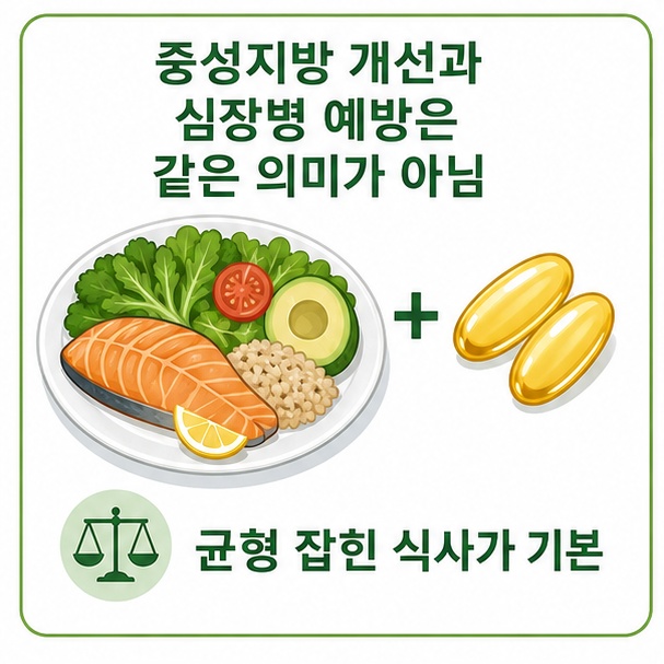 오메가 3의 중성지방 개선 효과와 심혈관질환 예방 효과는 같은 의미가 아니며 균형 잡힌 식사가 중요함을 설명한 이미지