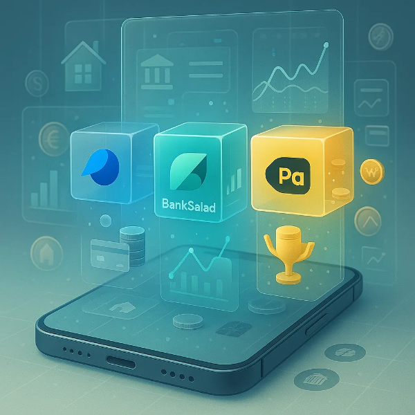 스마트폰 화면에 토스, 뱅크샐러드, 카카오페이 로고가 큐브처럼 떠 있고, 각 앱의 주요 기능이 반투명 데이터 구역으로 시각화된 통합 자산관리 비교 이미지