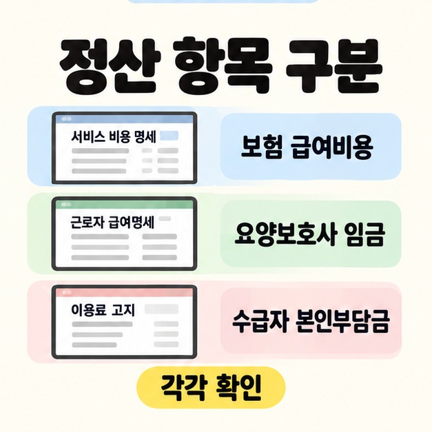 보험 급여비용, 요양보호사 임금, 수급자 본인부담금을 서로 다른 명세 화면으로 나누고 각각 확인을 강조한 정산 항목 안내